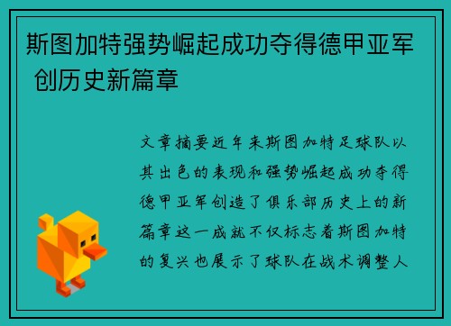 斯图加特强势崛起成功夺得德甲亚军 创历史新篇章